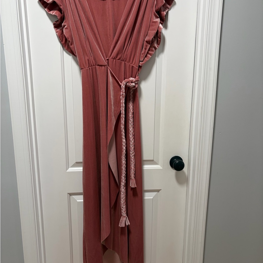 MISA Los Angeles size Medium Carolina Dress in Rose Pink Velvet Midi Wrap Dress - Picture 3 of 15